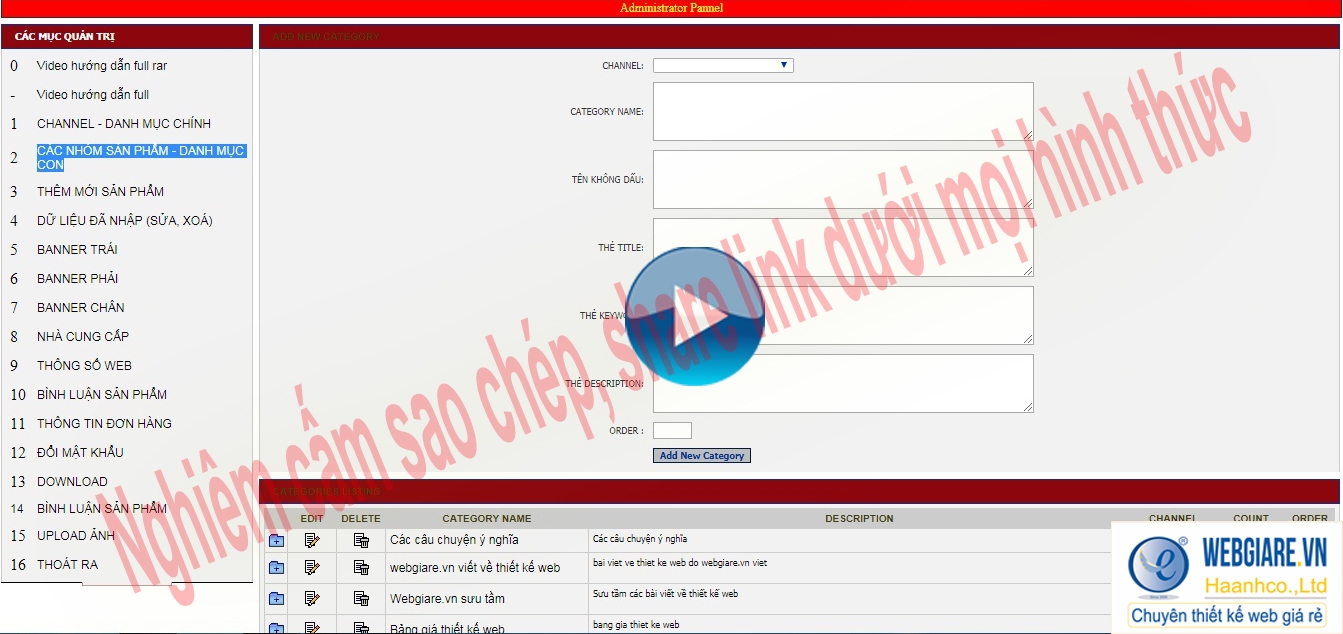 2. Các nhóm sản phẩm - danh mục con: Hướng dẫn thêm bớt sản phẩm