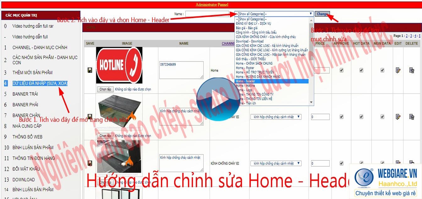 4.2. Thêm mới - Chỉnh sửa - Xóa mục Home-header